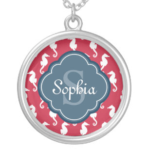Unique Red Seahorse Pattern Blue Monogram Silver Plated Necklace
