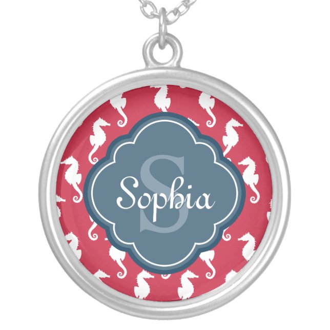 Unique Red Seahorse Pattern Blue Monogram Silver Plated Necklace (Front)