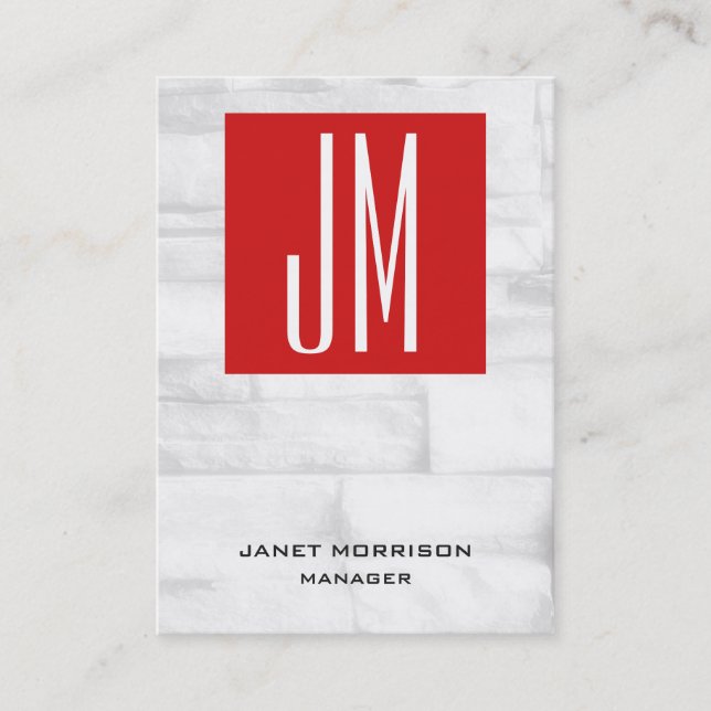 Unique red white wall brick vertical monogram business card (Front)