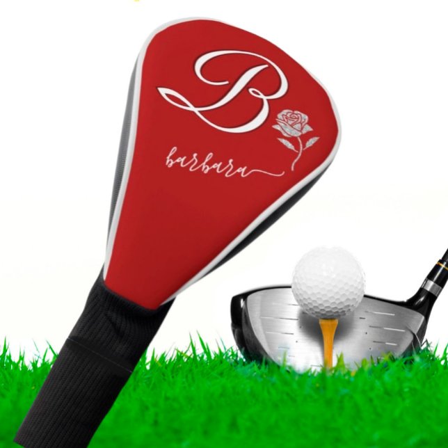 Unique Red with Custom Monogram Name Rose Golf Head Cover (Creator Uploaded)