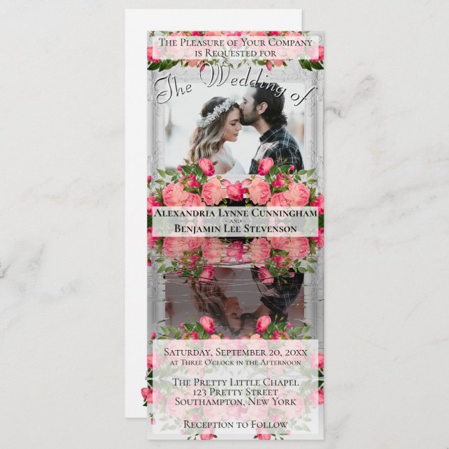 Unique Reflecting Photo Boho Pink Floral Wedding Invitation (Front/Back)