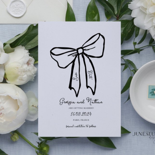Unique Retro Bow Save the Date Invitation (vintage inspired bow wedding invitation, hand drawn bow wedding save date card, bow illustrated )