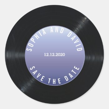 Unique Retro Vinyl Record Wedding Save The Date Classic Round Sticker by GeorgetaBlanaruArt at Zazzle