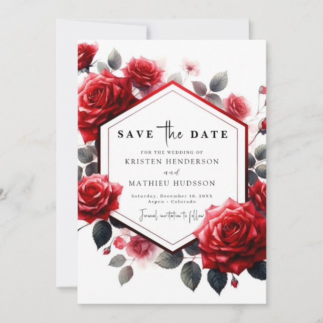 Unique Romance Crimson Red Wedding Save The Date (Front)