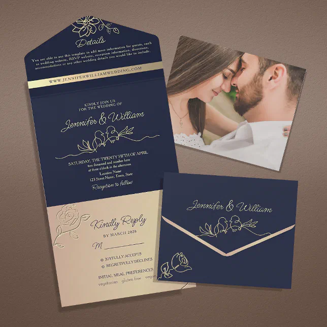 Unique Rose Gold and Navy Blue Wedding All In One Invitation | Zazzle