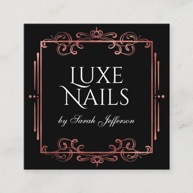 Unique Rose Gold Foil Flourish Luxurious Black Square Business Card (Front)