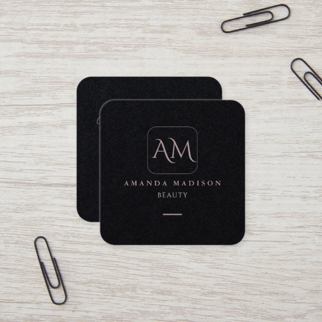Unique Rose Gold Monogrammed Script Social Media Square Business Card (Front/Back In Situ)