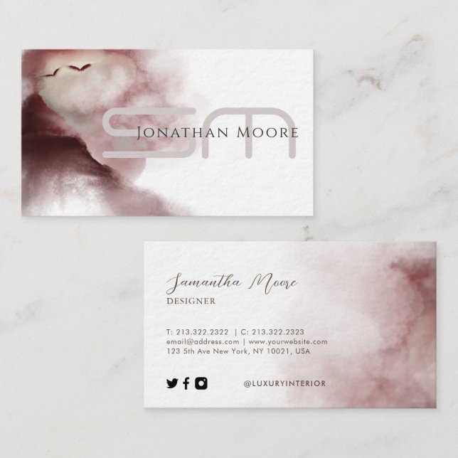 Unique Rose Gold Watercolor Signature Monogrammed Business Card (Front/Back)
