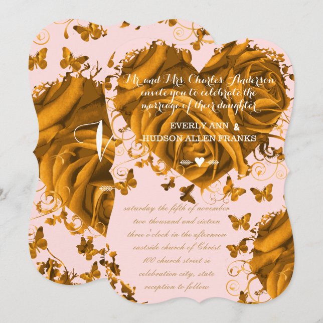 Unique Rose Pink Gold Hearts and Roses Wedding Invitation (Front/Back)