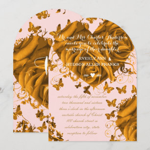Unique Rose Pink Gold Hearts and Roses Wedding Invitation