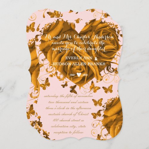 Unique Rose Pink Gold Hearts and Roses Wedding Invitation