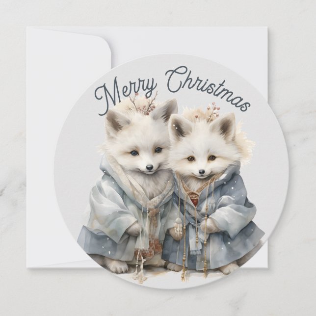 Unique Round Artic Foxes Holiday Card (Front)