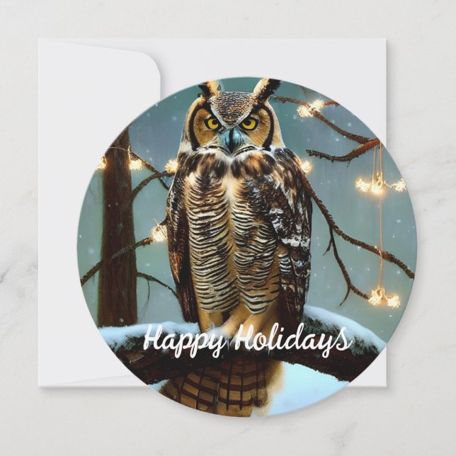 Unique Round Great Horned Owl  Holiday Card (Front)