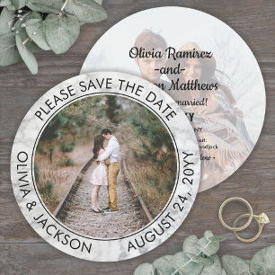 Unique Round Photo Black White Faux Marble Wedding Save The Date