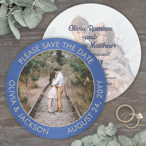 Unique Round Photo Brushed Blue and Gold Wedding Save The Date