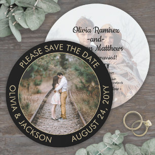 Unique Round Photo Modern Black and Gold Wedding Save The Date