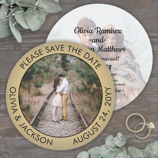 Unique Round Photo Modern Black & Gold Wedding Save The Date (Creator Uploaded)