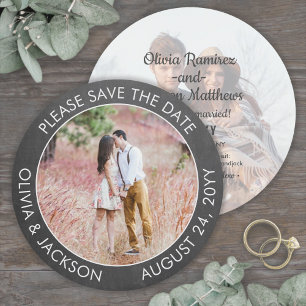 Unique Round Photo Modern Gray Chalkboard Wedding Save The Date