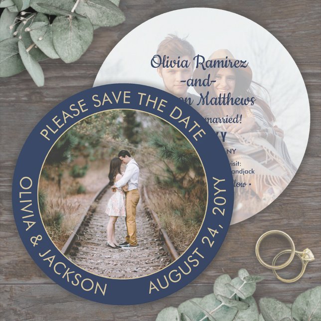 Unique Round Photo Modern Navy Blue & Gold Wedding Save The Date (Creator Uploaded)