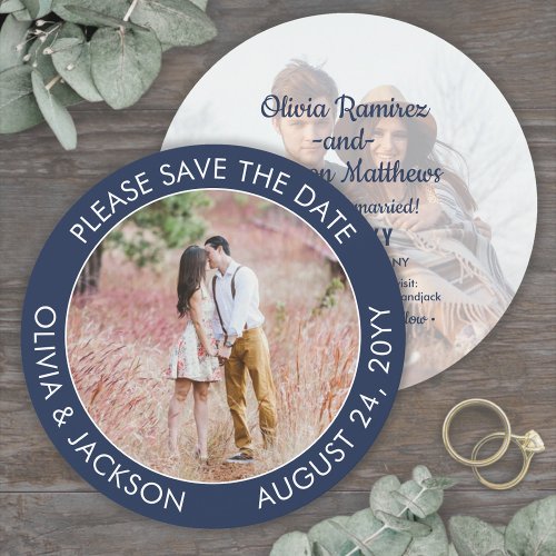 Unique Round Photo Modern Navy Blue White Wedding Save The Date