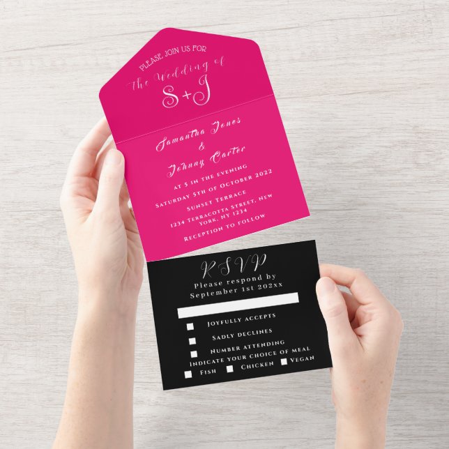 Unique RSVP Simple Magenta Hot Pink Black Wedding  All In One Invitation (Tearaway)