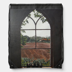 unique rural landscape view from church window  drawstring bag