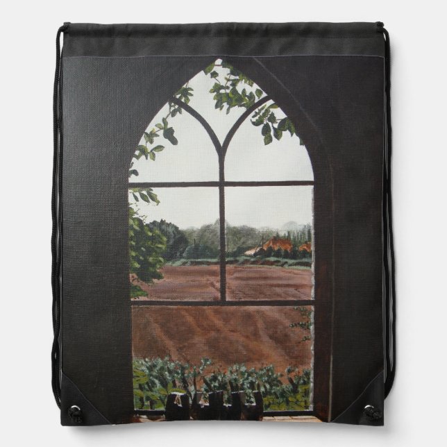 unique rural landscape view from church window  drawstring bag (Front)