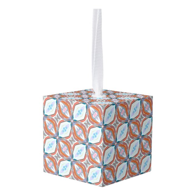 Unique Rust, Teal,Light Blue & Pink Pattern Design Cube Ornament (Back Angled)
