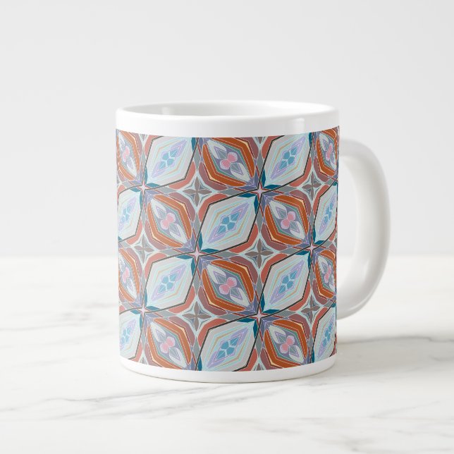 Unique Rust, Teal,Light Blue & Pink Pattern Design Giant Coffee Mug (Front Right)