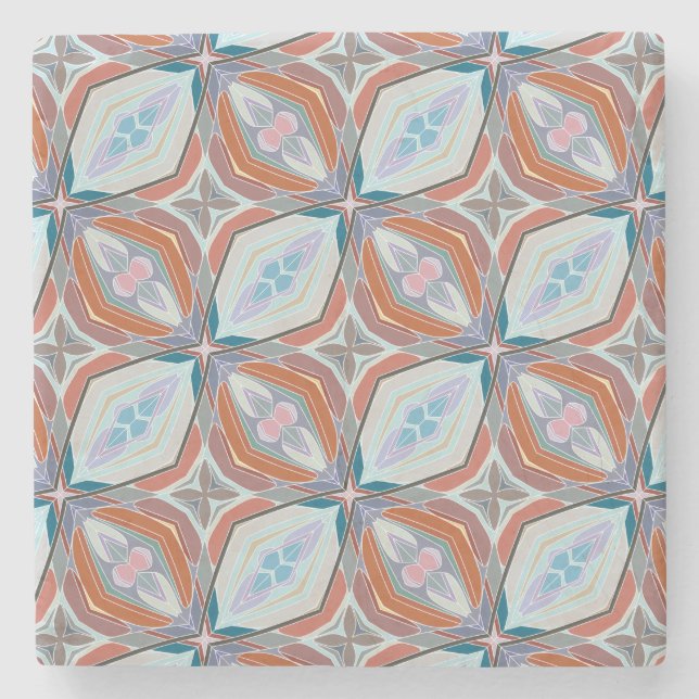 Unique Rust, Teal,Light Blue & Pink Pattern Design Stone Coaster (Front)