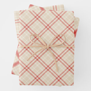 Unique Rustic Cream & Red Squiggly Mixed Plaid Wrapping Paper Sheets