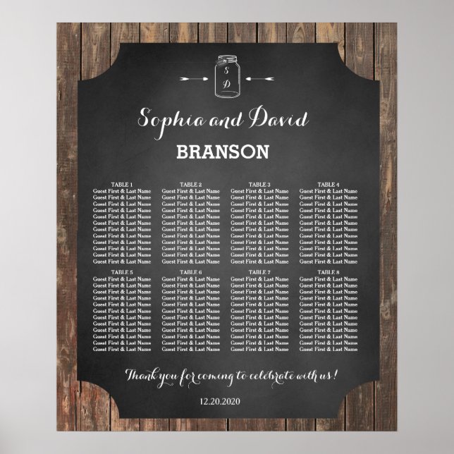 Unique Rustic Mason Jar Wedding Seating Chart (Front)