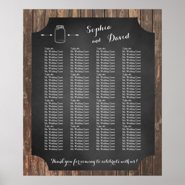 Unique Rustic Mason Jar Wedding Seating Chart Poster