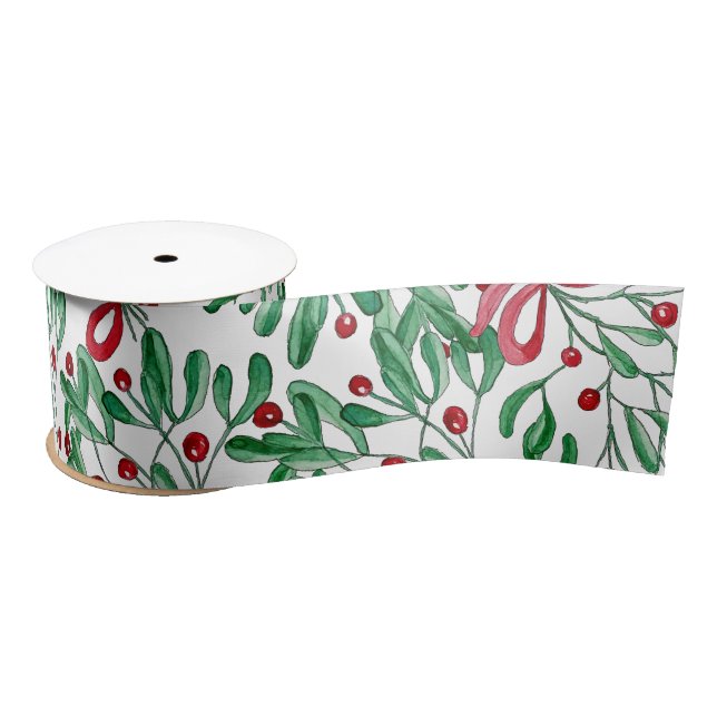 Unique Rustic Mistletoe Watercolor Hand-painted Satin Ribbon (Spool)