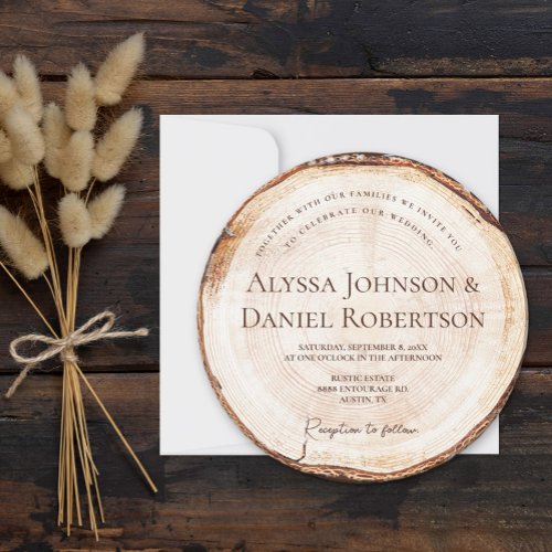 Unique Rustic Wedding Wood Cut slice tree bark  Invitation