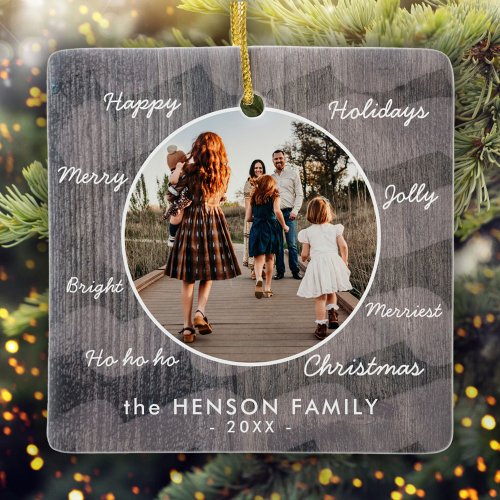 Unique Rustic Wood Christmas Wishes Family Photo Ceramic Ornament