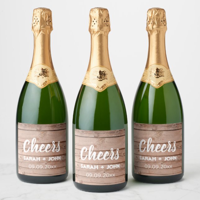 Unique Rustic Wooden Cheers Wedding Favor Sparkling Wine Label (Bottles)
