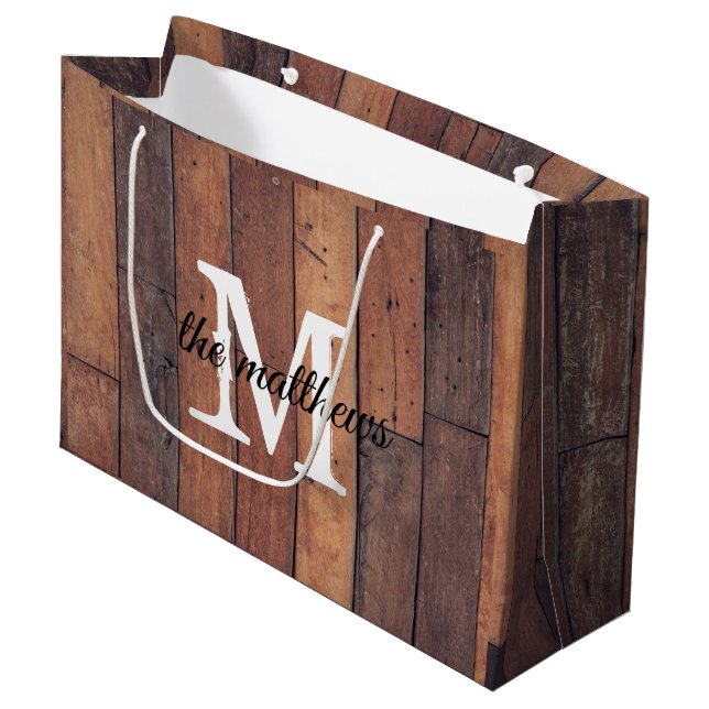 Unique Rustic Wooden Monogram Farmhouse Barn  Large Gift Bag (Front Angled)