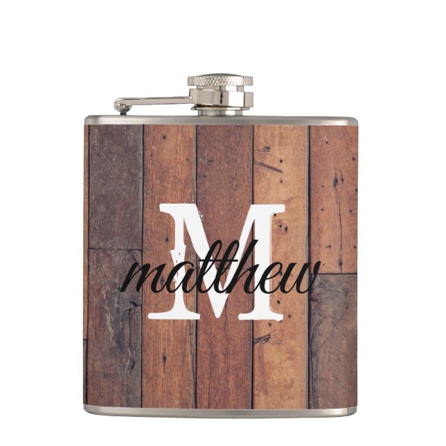 Unique Rustic Wooden Monogram Farmhouse Flask (Front)