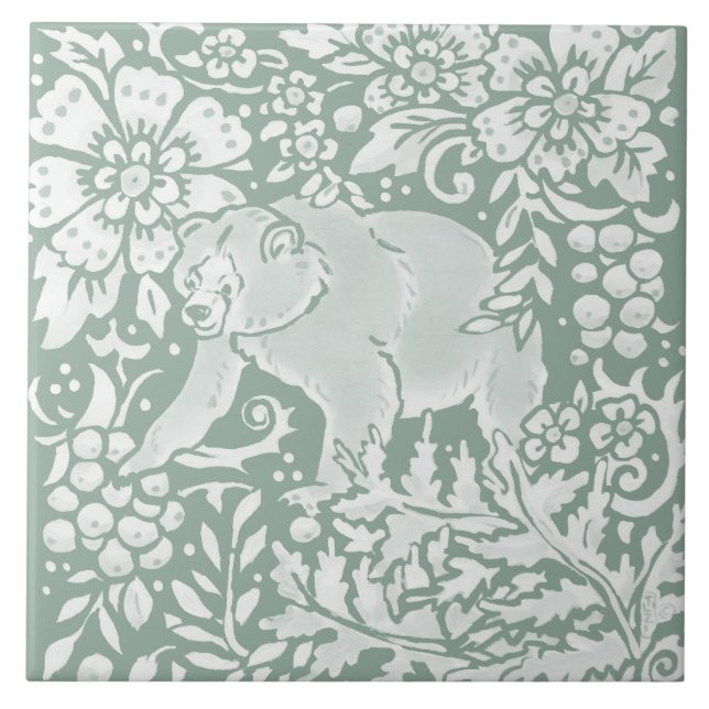 Unique Sage Green Bear Forest Woodland Animal Ceramic Tile (Front)