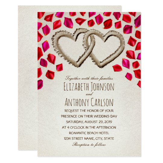 unique sand hearts rose petal beach themed wedding invitation