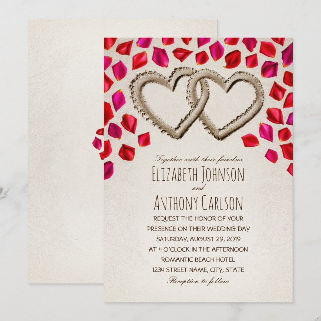 Unique Sand Hearts Rose Petal Beach Themed Wedding Invitation (Front/Back)