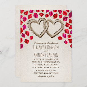 Unique Sand Hearts Rose Petal Beach Themed Wedding Invitation