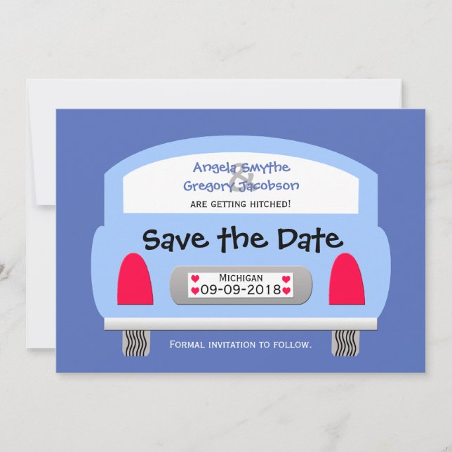 Unique Save the Date Invitation -- Blue Car (Front)