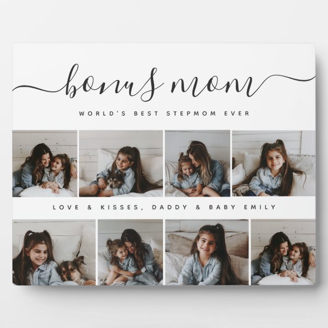 Unique Script Photo Collage Bonus Mom Mothers Day Plaque (Front)