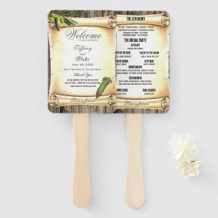 Unique Scroll & Feather Pen Wedding Program Hand Fan