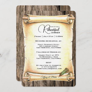 Unique Scroll & Feather Pen Wedding Rehearsal Invitation