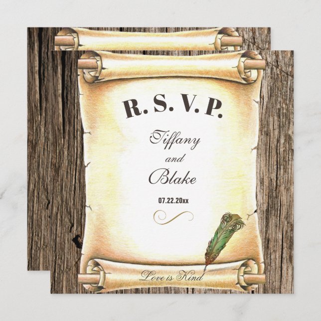 Unique Scroll & Feather Pen Wedding RSVP Card (Front/Back)