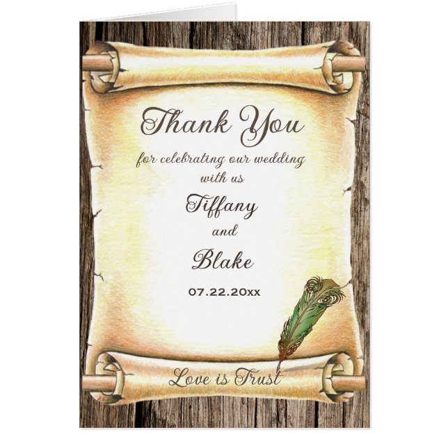 Unique Scroll & Feather Pen Wedding Thank You Card (Front)