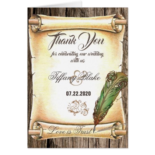Unique Scroll  Feather Pen Wedding Thank You Card